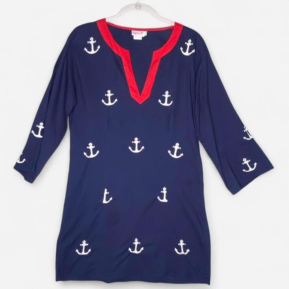 Topitoff Women's White Anchors on Navy Blue Red Neck Trim Cotton Tunic S